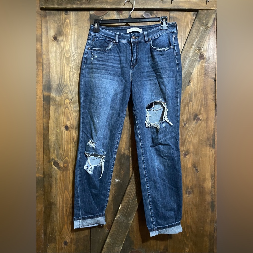 Denim Distressed Hi-Rise Jeans, size 10